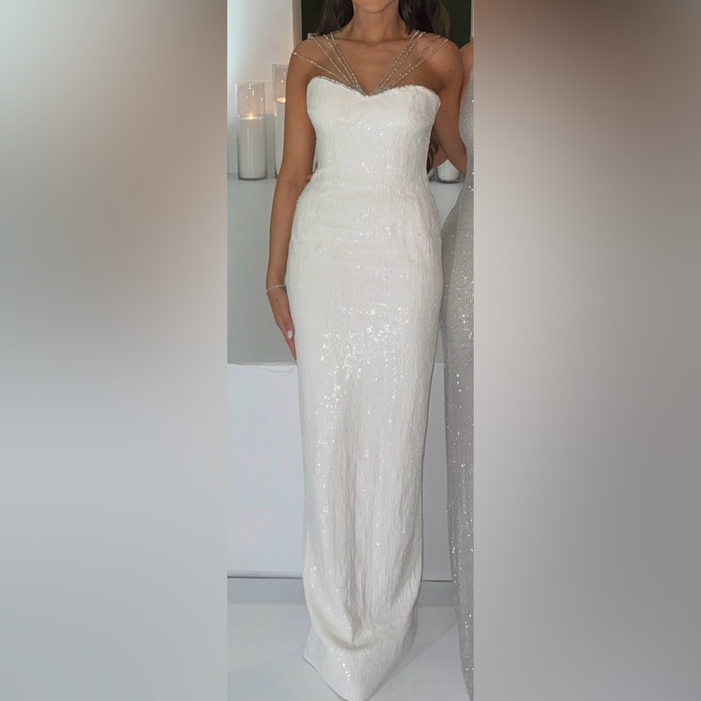 Custom Couture Walter Mikael Elegant White Sequin Strapless Evening Gown